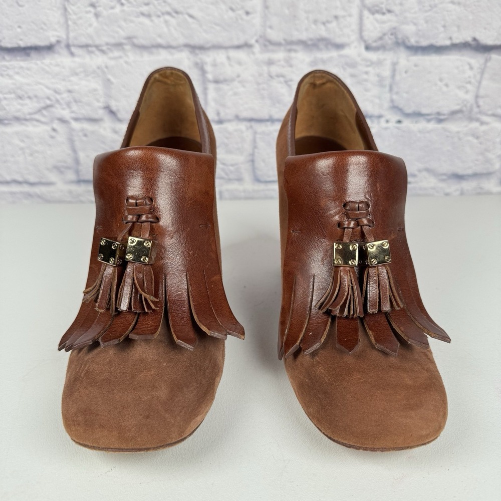Tory Burch Arelia Brown Suede Leather Kiltie Pump Stacked Heels Tassels Sz 9.5 M - Picture 4 of 13